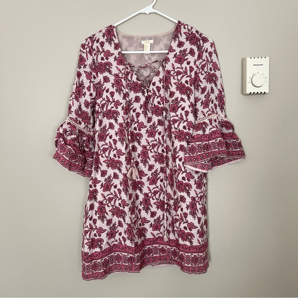Women's Pink Floral 3/4 Flounce Ruffle Sleeve Flowy Dress
